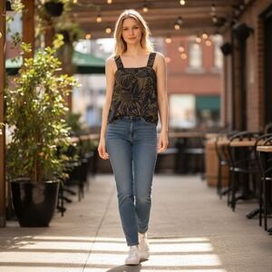 Sanctuary Olive Navy Tropical Linen Blend Button Back Cami Top XL CB2472CL5
